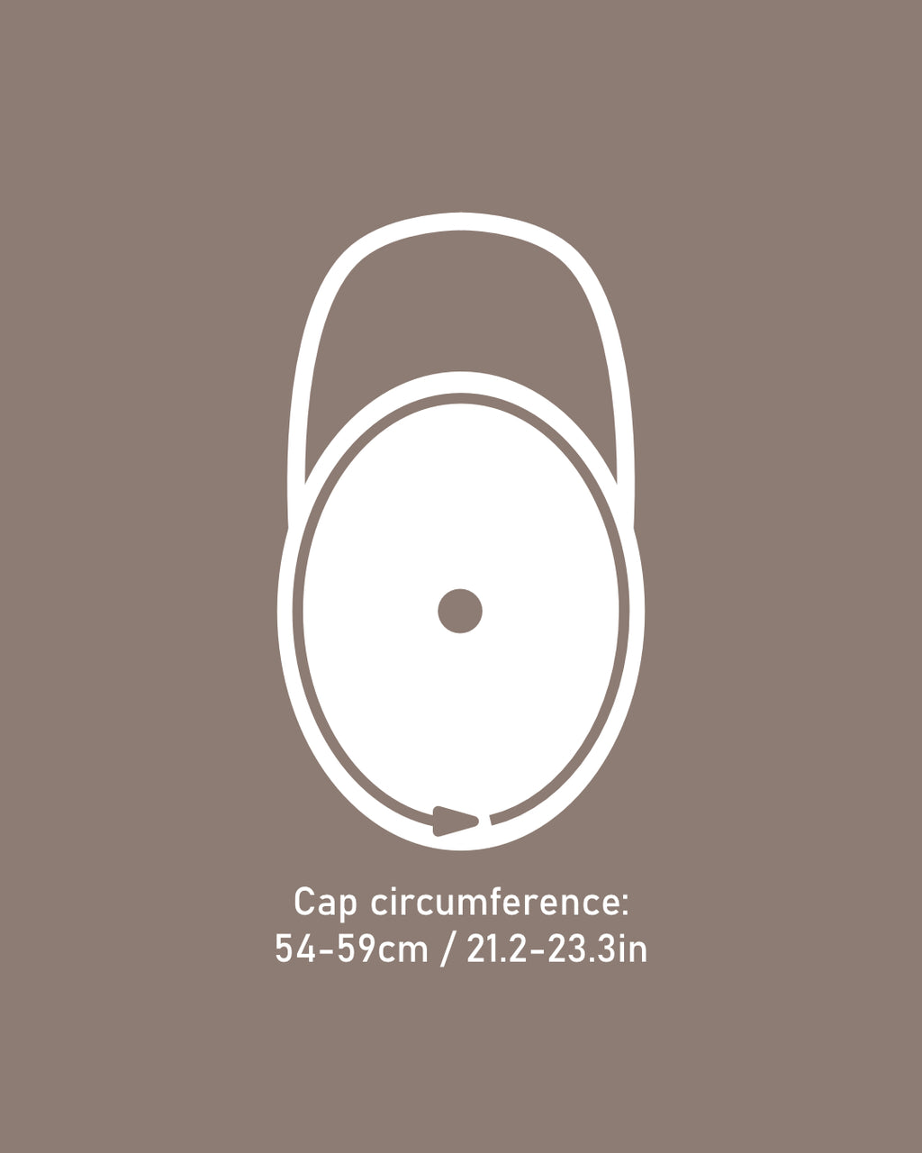 A simple line drawing of a circular cap on a taupe background, with text below reading 'Cap circumference: 54-59cm / 21.2-23.