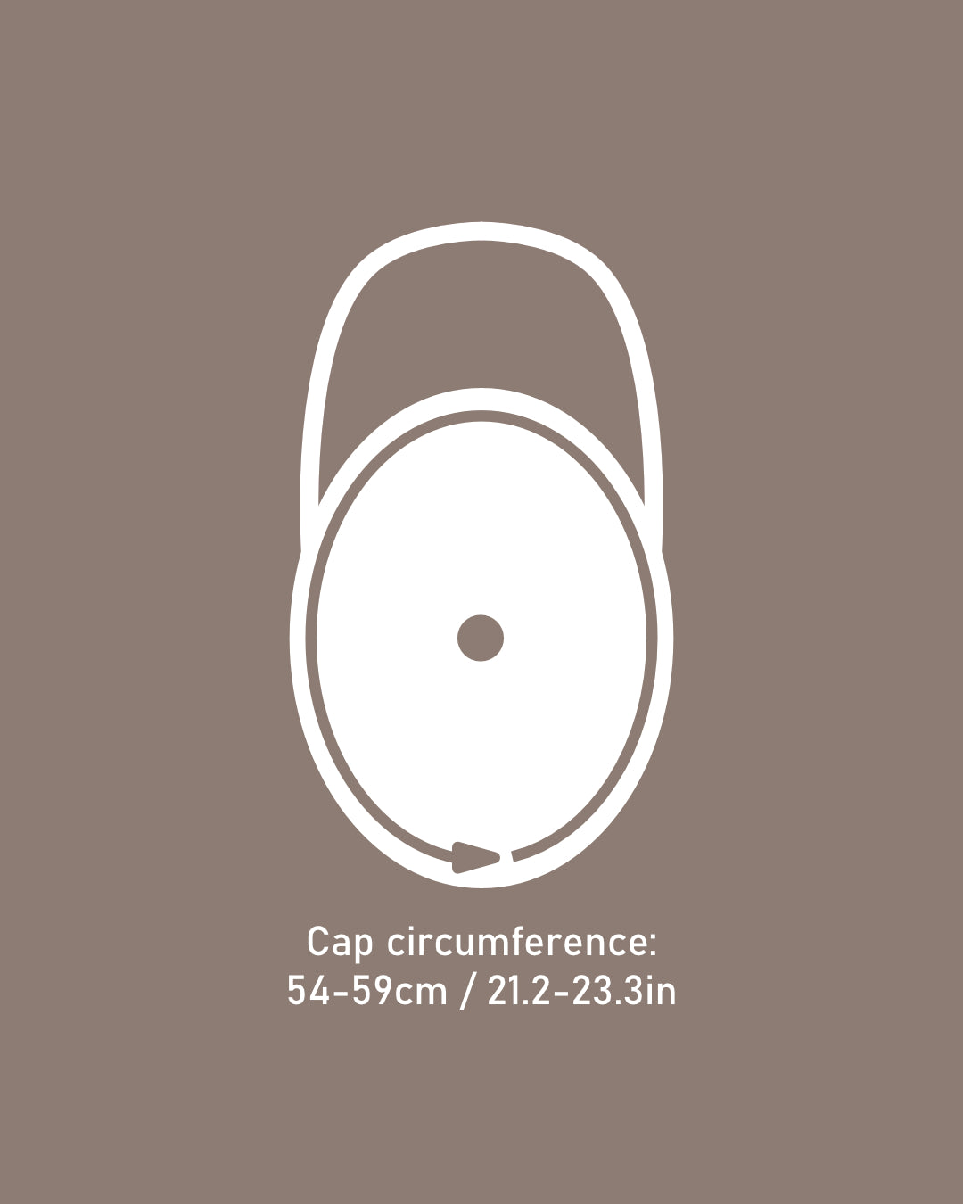 A simple line drawing of a circular cap on a taupe background, with text below reading 'Cap circumference: 54-59cm / 21.2-23.
