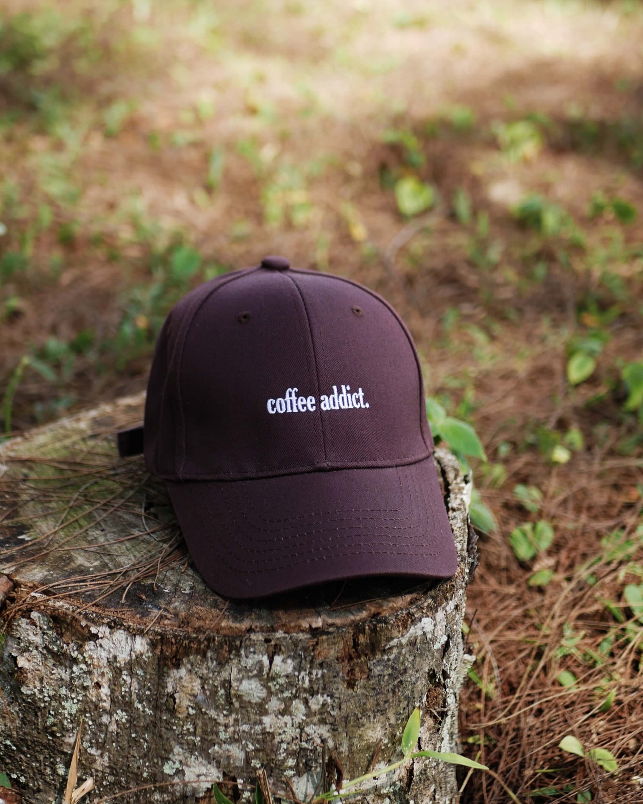 Brown cap with 'coffee addict' text on a tree stump in a natural setting