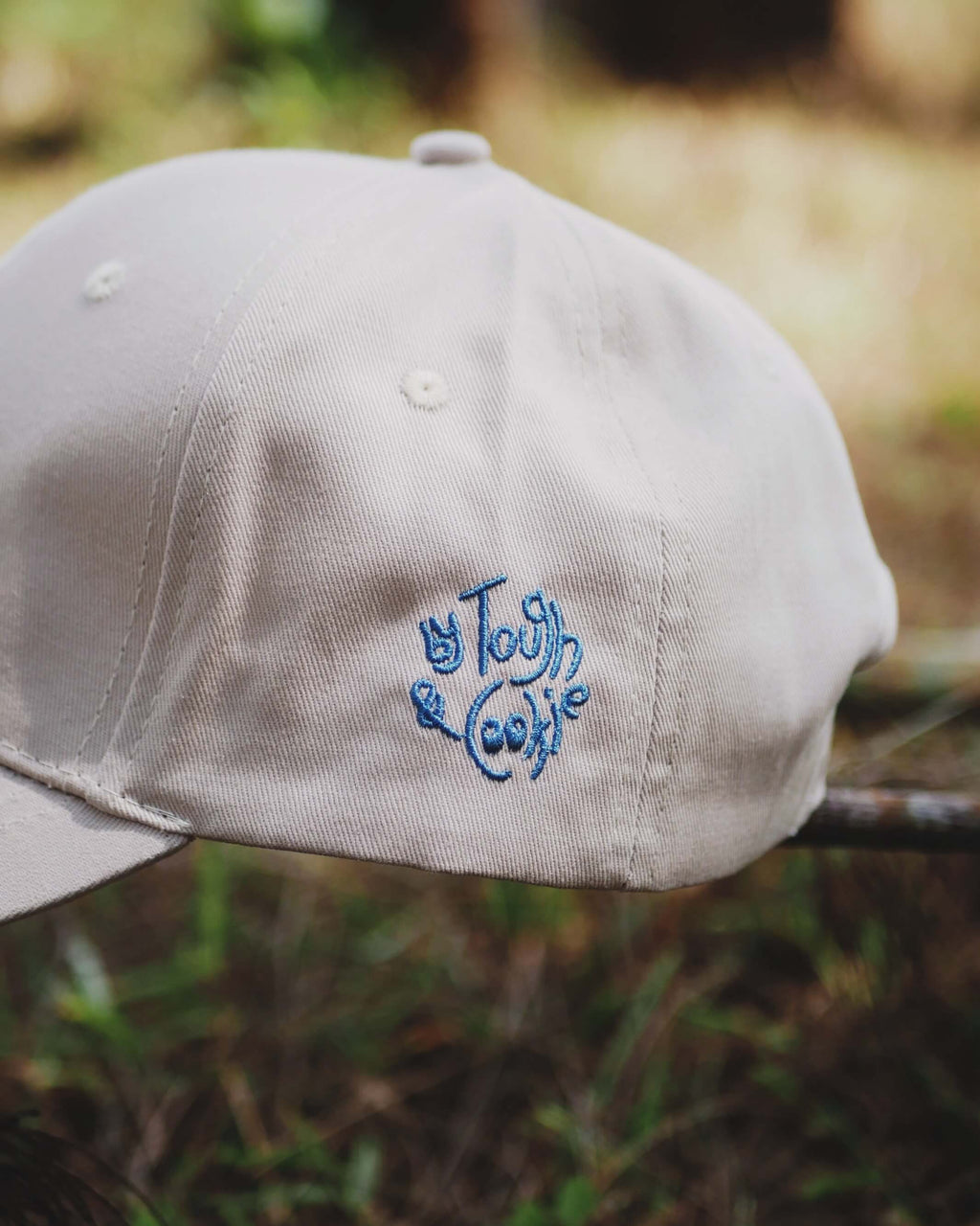 Beige cap with blue logo embroidery on a blurred natural background